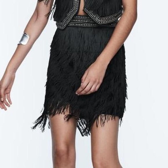 ZARA Black Fringe Embellished Skirt Size XS NEW NWT - Picture 1 of 4